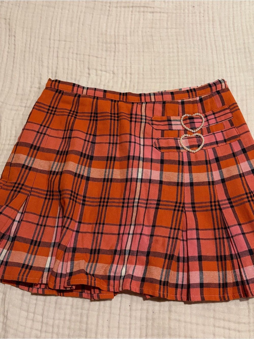 Sugar Thrillz Pink and Orange Plaid Pleated Mini Skirt with Heart Buckles